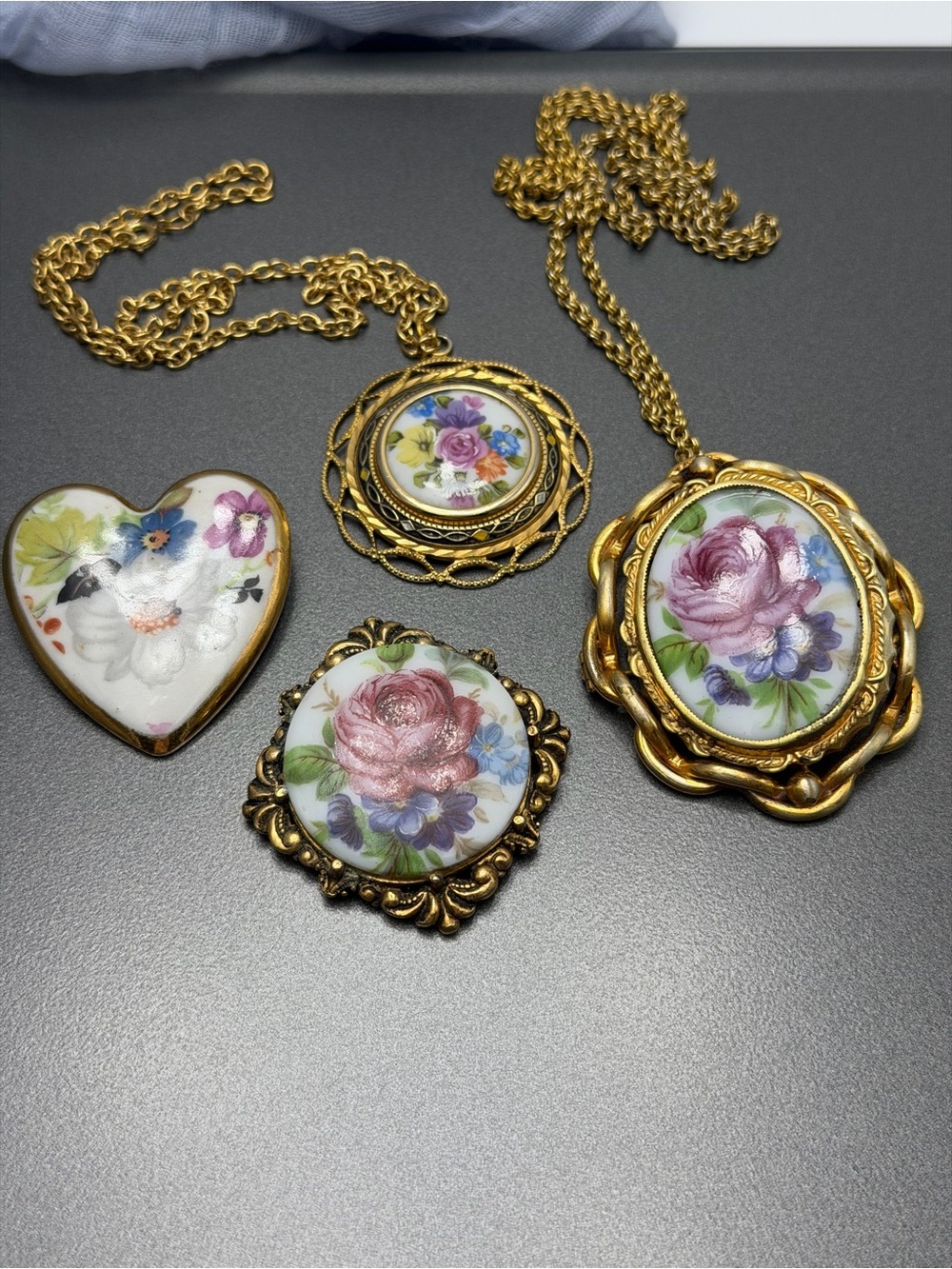 Vintage Floral  Art Glass Brooches /Pendants Victorian Pinchbeck lot of 4